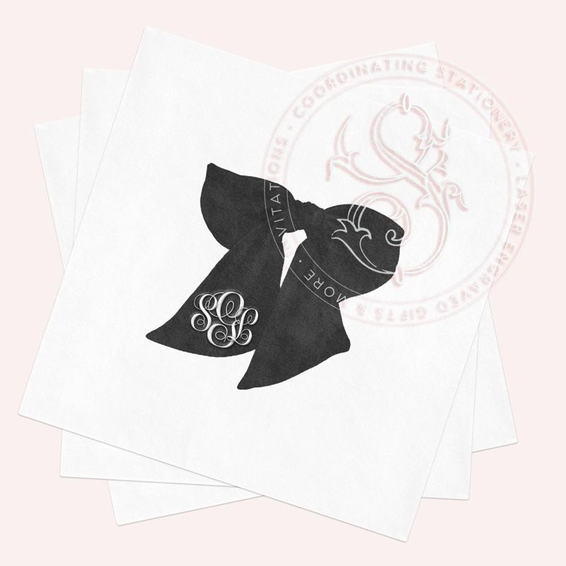 Black Bow Ribbon Napkins Coquette Paper Personalized Monogram Napkins, Shes tying the knot, bows and babes (100 Napkins (minimum order), Cocktail - 4.75 inch square)