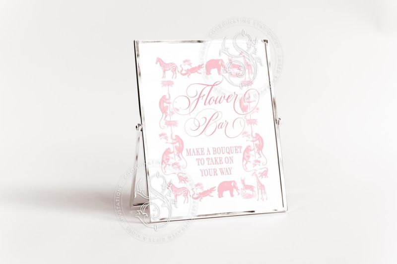 Pink Safari Toile Flower Bar Sign for Girl Baby Shower Printable - Printable 8x10 - Baby Girl Sprinkle