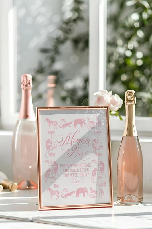 Pink Safari Toile Momosa Bar Sign for Girl Baby Shower Printable - Printable 8x10 - Preppy Pink Girl Baby Sprinkle Mimosa Sign