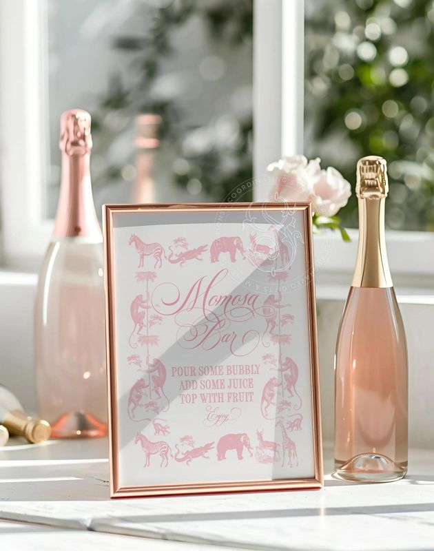Pink Safari Toile Momosa Bar Sign for Girl Baby Shower Printable - Printable 8x10 - Preppy Pink Girl Baby Sprinkle Mimosa Sign