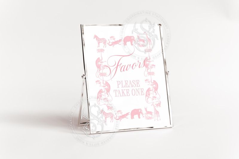 Pink Safari Toile Favors Sign for Girl Baby Shower Printable - Printable 8x10 - Baby Girl Sprinkle