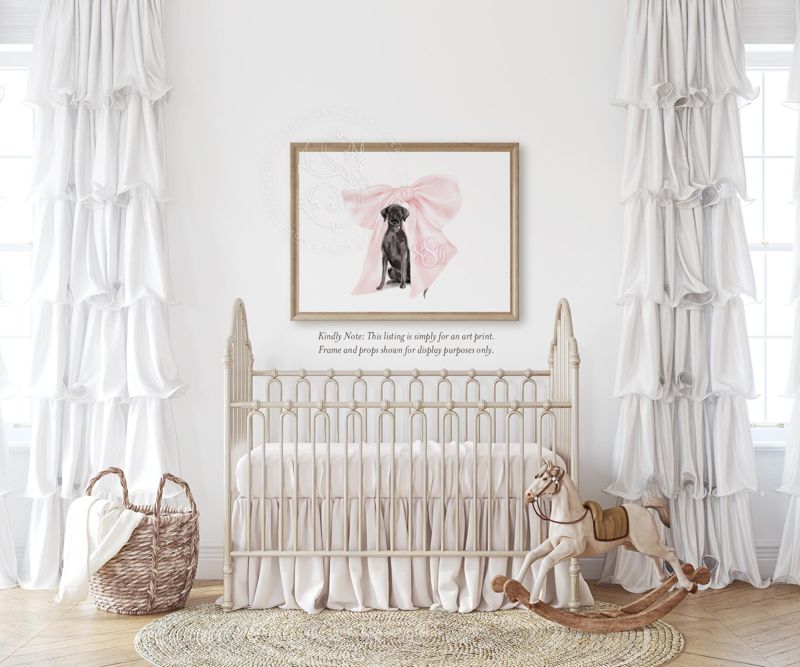 Labrador art, Labrador Puppy Wall Art, Nursery Monogram Crest, Black Lab wall Art, Custom Girl nursery wall art, Pink Bow Monogram crest (5x7 inches | Landscape)