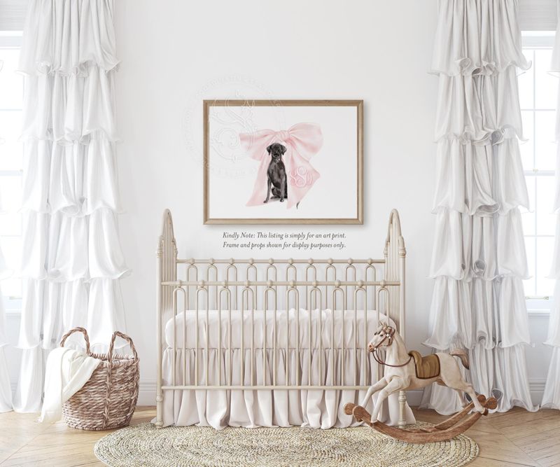 Labrador art, Labrador Puppy Wall Art, Nursery Monogram Crest, Black Lab wall Art, Custom Girl nursery wall art, Pink Bow Monogram crest (5x7 inches | Landscape)