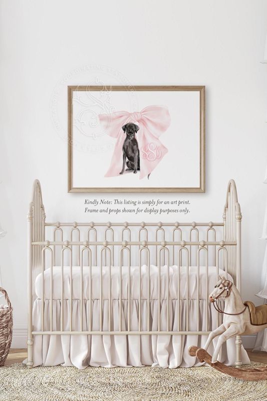 Labrador art, Labrador Puppy Wall Art, Nursery Monogram Crest, Black Lab wall Art, Custom Girl nursery wall art, Pink Bow Monogram crest (5x7 inches | Landscape)