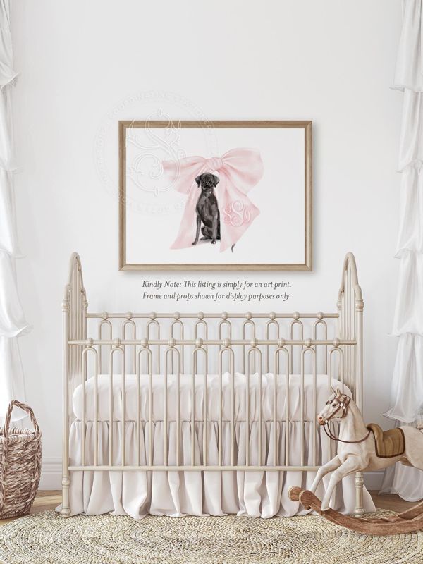 Labrador art, Labrador Puppy Wall Art, Nursery Monogram Crest, Black Lab wall Art, Custom Girl nursery wall art, Pink Bow Monogram crest (5x7 inches | Landscape)