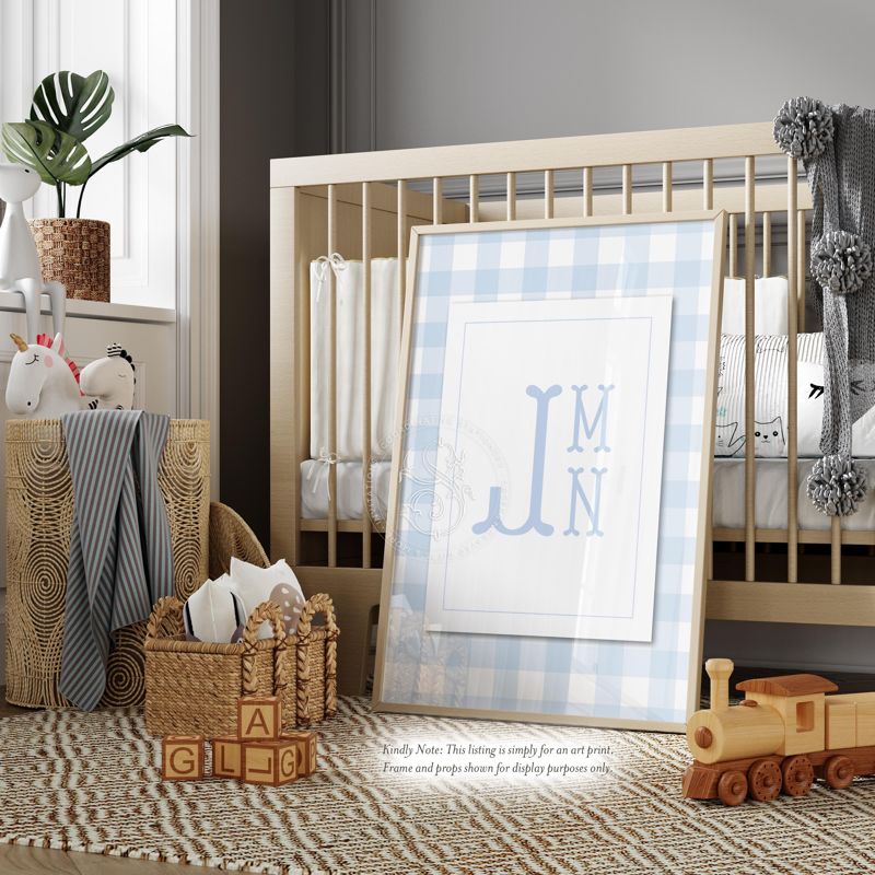 Monogram Blue Gingham Wall Art for Baby Boy Nursery - Printed Monogram Boy Room Decor - Grandmillenial Boys Room - Fishtail Stacked Monogram (5x7 inches, Portrait)
