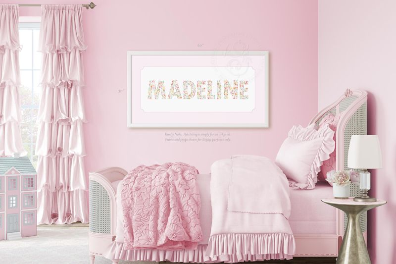 Baby Girl Nursery Name Sign Grand Millennial Floral Pink Preppy (5x7 inches | Portrait)