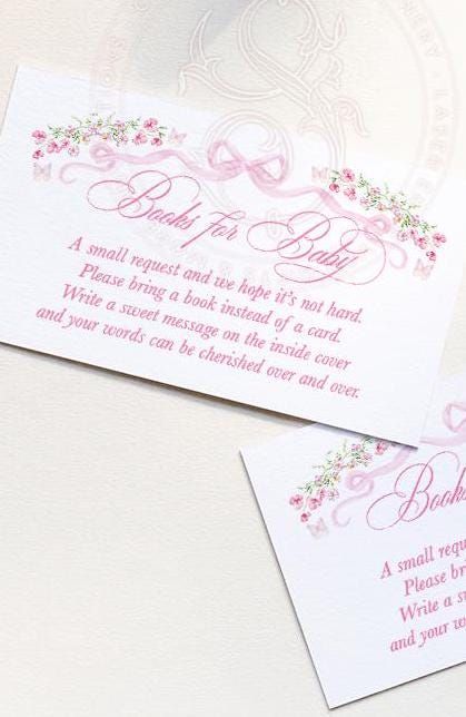 Fancy Pink Bow Baby Shower Books for Baby Insert Card Girl Baby Sprinkle Bring a book instead of a card - Printables INSTANT DOWNLOAD