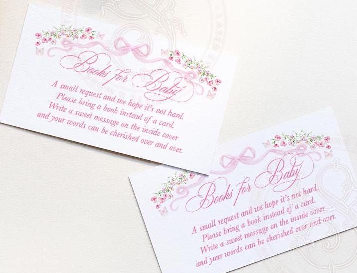 Fancy Pink Bow Baby Shower Books for Baby Insert Card Girl Baby Sprinkle Bring a book instead of a card - Printables INSTANT DOWNLOAD