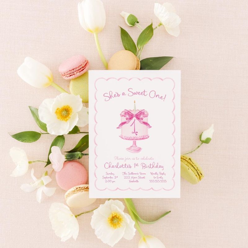 She's a Sweet One Birthday Invitations for Girl 1st Birthday Party, Cake Birthday Theme, Ribbons and Bows (10 printed invitations | Plain White Envelopes)