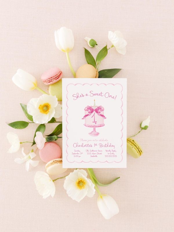She's a Sweet One Birthday Invitations for Girl 1st Birthday Party, Cake Birthday Theme, Ribbons and Bows (10 printed invitations | Plain White Envelopes)