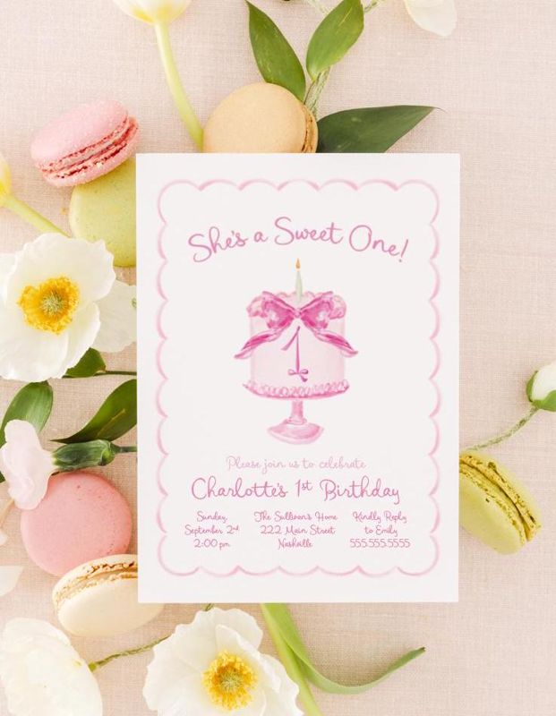 She's a Sweet One Birthday Invitations for Girl 1st Birthday Party, Cake Birthday Theme, Ribbons and Bows (10 printed invitations | Plain White Envelopes)