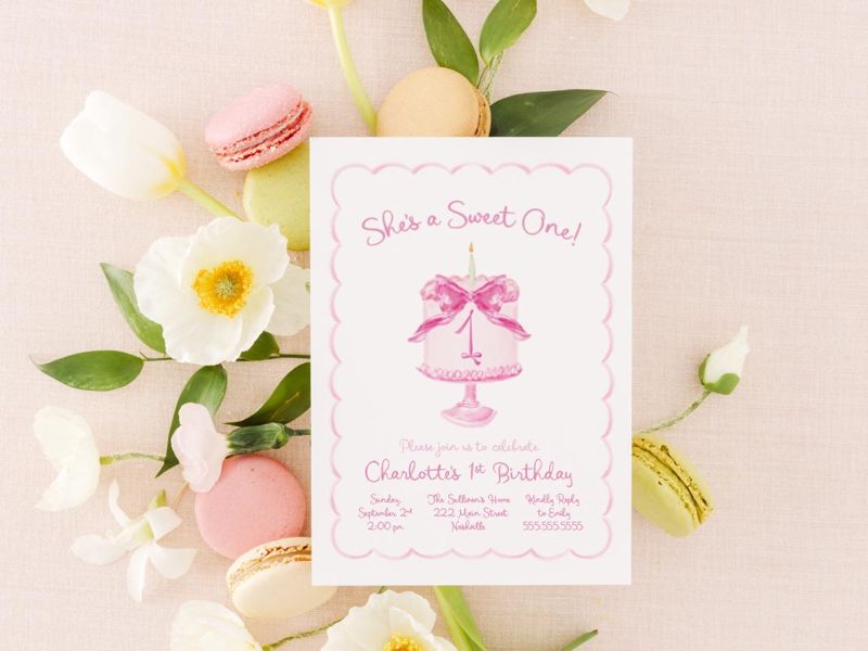 She's a Sweet One Birthday Invitations for Girl 1st Birthday Party, Cake Birthday Theme, Ribbons and Bows (10 printed invitations | Plain White Envelopes)