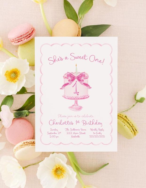 She's a Sweet One Birthday Invitations for Girl 1st Birthday Party, Cake Birthday Theme, Ribbons and Bows (10 printed invitations | Plain White Envelopes)