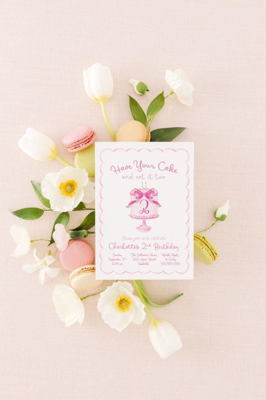 Girl 2nd Birthday Invitations for Girl Second Birthday Party, Cake Birthday Theme, Ribbons and Bows, Have your cake and eat it TWO (10 printed invitations | Plain White Envelopes)