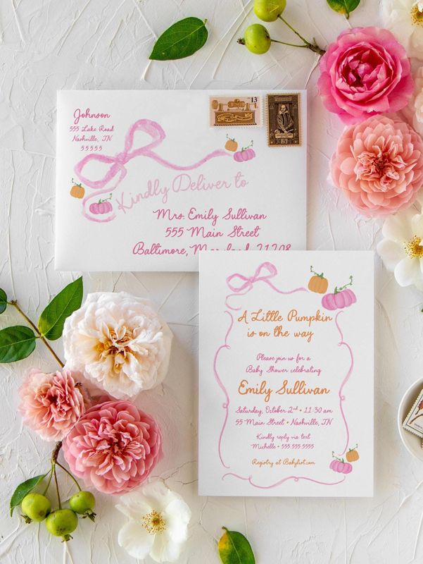 Pumpkin Hand Drawn Bow Girl Baby Shower Invitations - Pink Bow Baby Girl Sprinkle - Baby Sip and See - 1st Birthday Girl Coquette Printed (10 printed invitations | Plain White Envelopes)