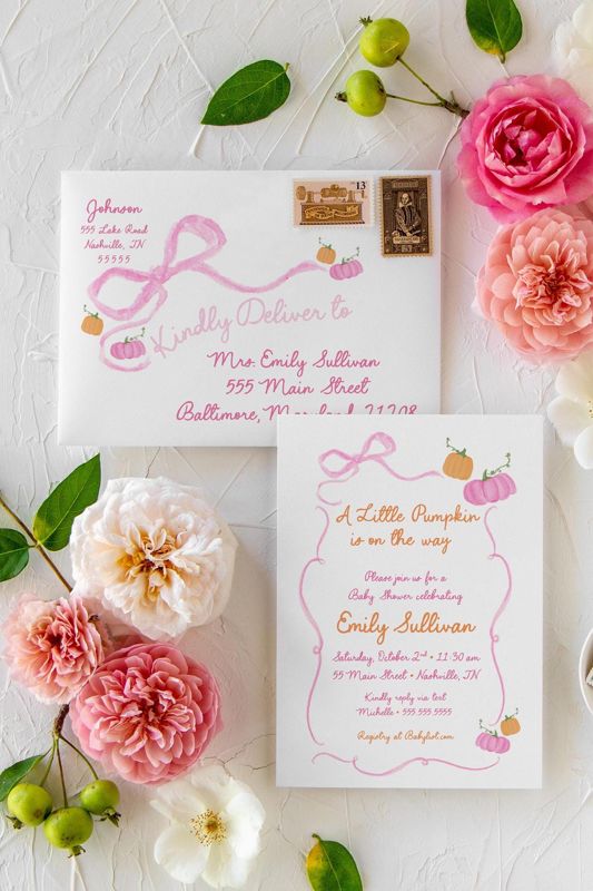 Pumpkin Hand Drawn Bow Girl Baby Shower Invitations - Pink Bow Baby Girl Sprinkle - Baby Sip and See - 1st Birthday Girl Coquette Printed (10 printed invitations | Plain White Envelopes)