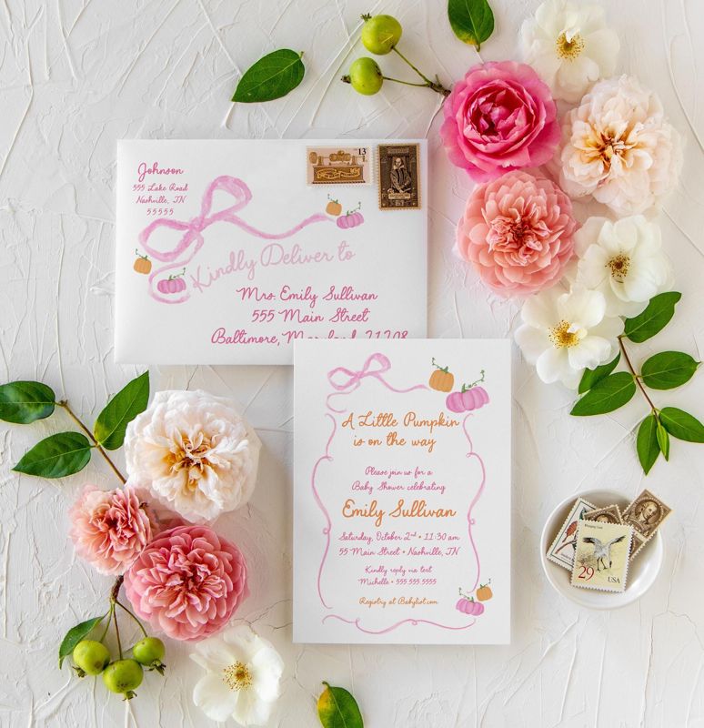 Pumpkin Hand Drawn Bow Girl Baby Shower Invitations - Pink Bow Baby Girl Sprinkle - Baby Sip and See - 1st Birthday Girl Coquette Printed (10 printed invitations | Plain White Envelopes)