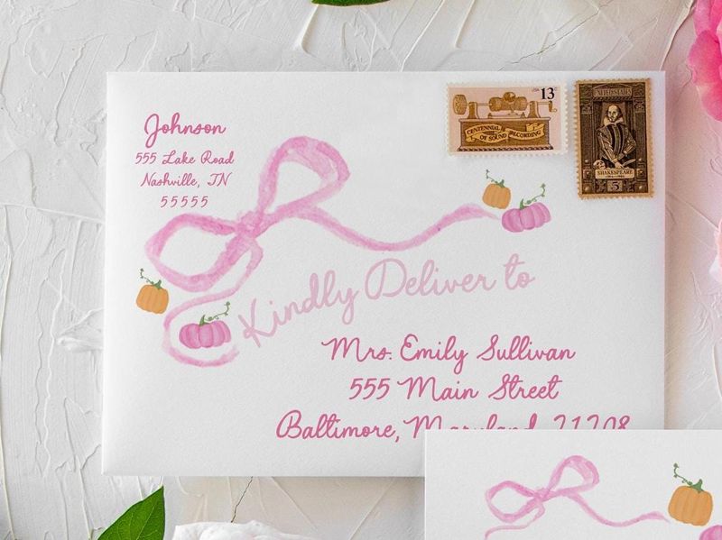 Pumpkin Hand Drawn Bow Girl Baby Shower Invitations - Pink Bow Baby Girl Sprinkle - Baby Sip and See - 1st Birthday Girl Coquette Printed (10 printed invitations | Plain White Envelopes)