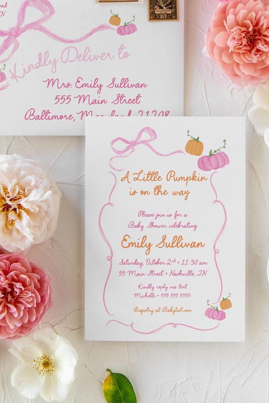 Pumpkin Hand Drawn Bow Girl Baby Shower Invitations - Pink Bow Baby Girl Sprinkle - Baby Sip and See - 1st Birthday Girl Coquette Printed (10 printed invitations | Plain White Envelopes)