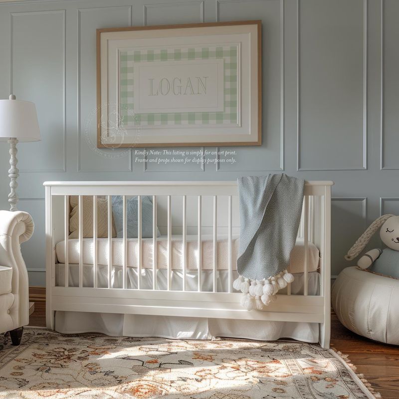 Boy Name Wall Art for Nursery - Personalized Printed Boy Room Decor - Baby Boy Sage Green Gingham Name Print (5x7 inches | Landscape)