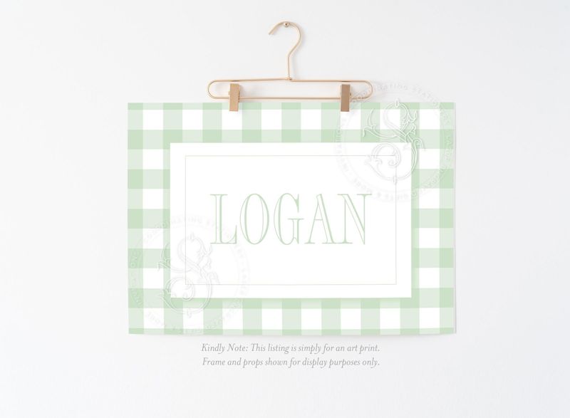 Boy Name Wall Art for Nursery - Personalized Printed Boy Room Decor - Baby Boy Sage Green Gingham Name Print (5x7 inches | Landscape)