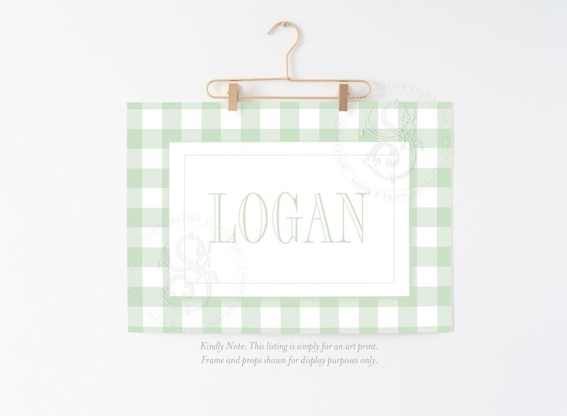 Boy Name Wall Art for Nursery - Personalized Printed Boy Room Decor - Baby Boy Sage Green Gingham Name Print (5x7 inches | Landscape)