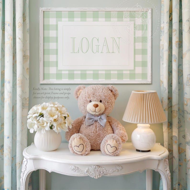 Boy Name Wall Art for Nursery - Personalized Printed Boy Room Decor - Baby Boy Sage Green Gingham Name Print (5x7 inches | Landscape)