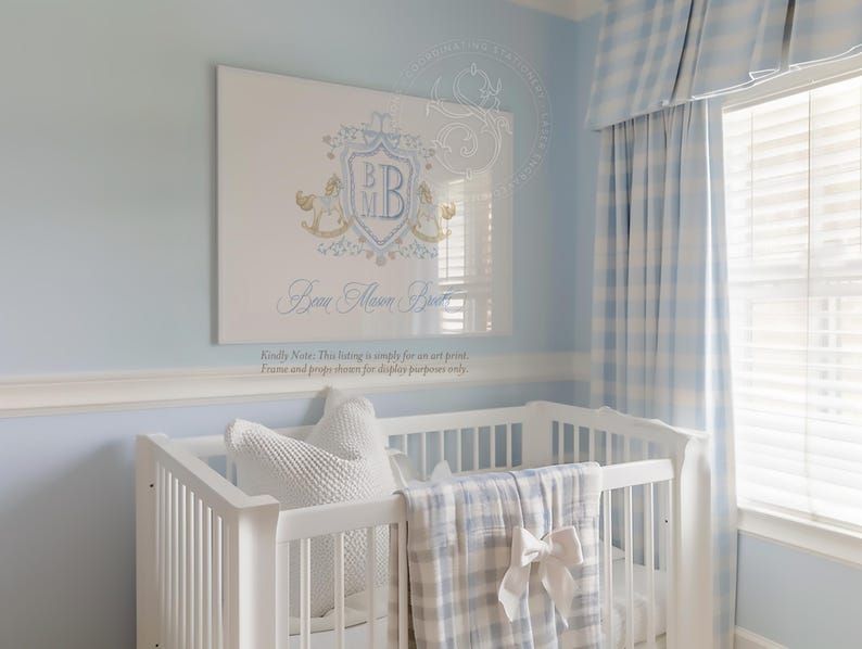 Rocking Horse Monogram Crest Wall Art for Nursery - Baby Boy Nursery - Art Print Room Decor Grandmillenial Boys Room Name Art (5x7 inches | Portrait)