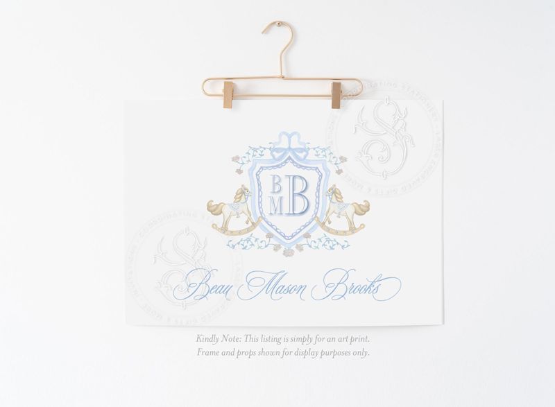 Rocking Horse Monogram Crest Wall Art for Nursery - Baby Boy Nursery - Art Print Room Decor Grandmillenial Boys Room Name Art (5x7 inches | Portrait)
