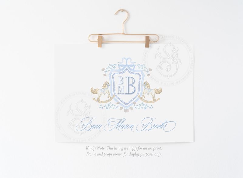Rocking Horse Monogram Crest Wall Art for Nursery - Baby Boy Nursery - Art Print Room Decor Grandmillenial Boys Room Name Art (5x7 inches | Portrait)