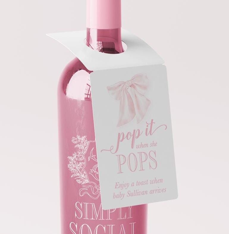 Pop when she pops Favor Tags Girl Baby Shower Gift Tags for Champagne, Bottleneck Hanger Tags Pop and Cheer Boy Baby Sprinkle bottle tag (20 printed tags, Pink)