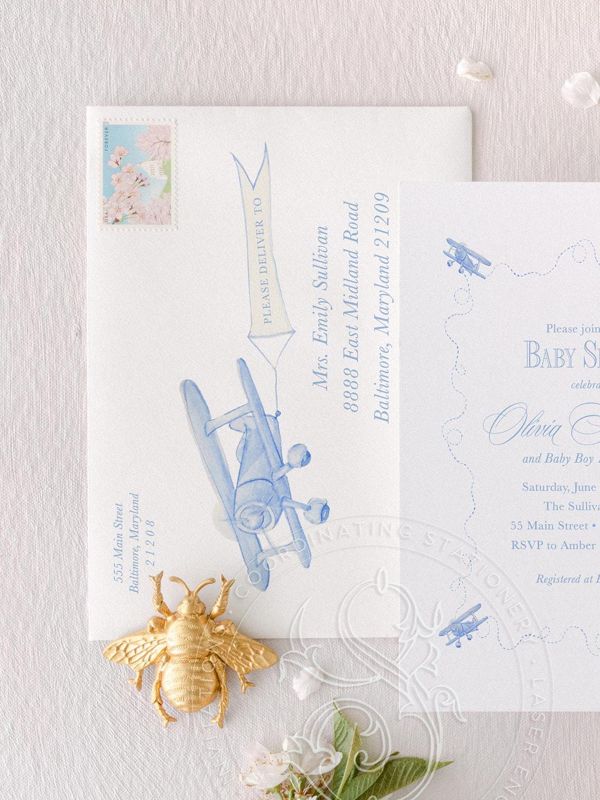 Airplane Baby Boy Shower Invitation Pilot Transportation Baby Sprinkle Traditional Classic Vintage Boy Birthday Party (10 printed invitations | Plain White Envelopes)
