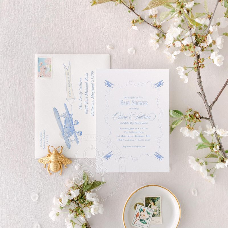 Airplane Baby Boy Shower Invitation Pilot Transportation Baby Sprinkle Traditional Classic Vintage Boy Birthday Party (10 printed invitations | Plain White Envelopes)