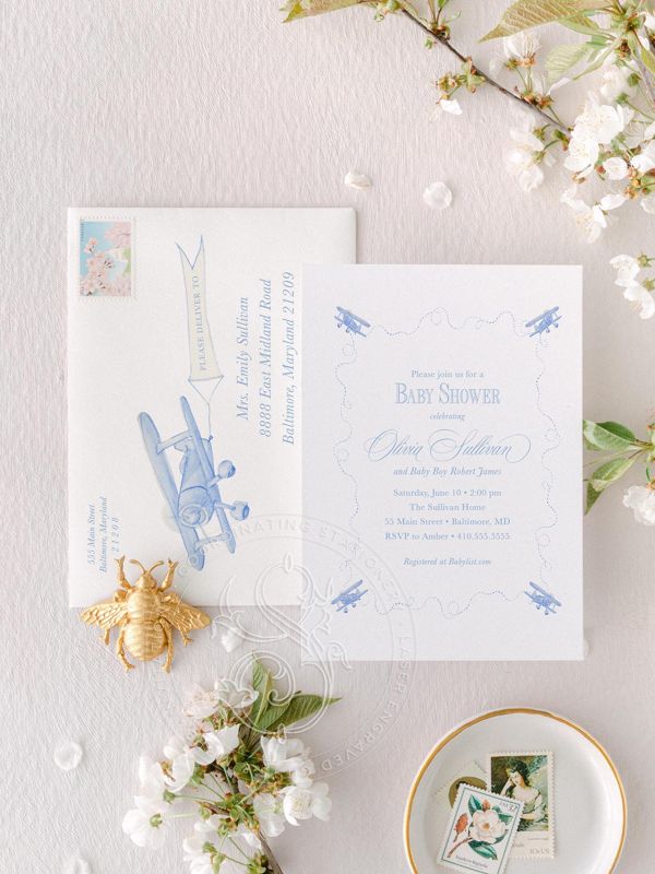 Airplane Baby Boy Shower Invitation Pilot Transportation Baby Sprinkle Traditional Classic Vintage Boy Birthday Party (10 printed invitations | Plain White Envelopes)