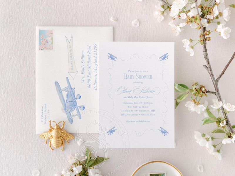 Airplane Baby Boy Shower Invitation Pilot Transportation Baby Sprinkle Traditional Classic Vintage Boy Birthday Party (10 printed invitations | Plain White Envelopes)