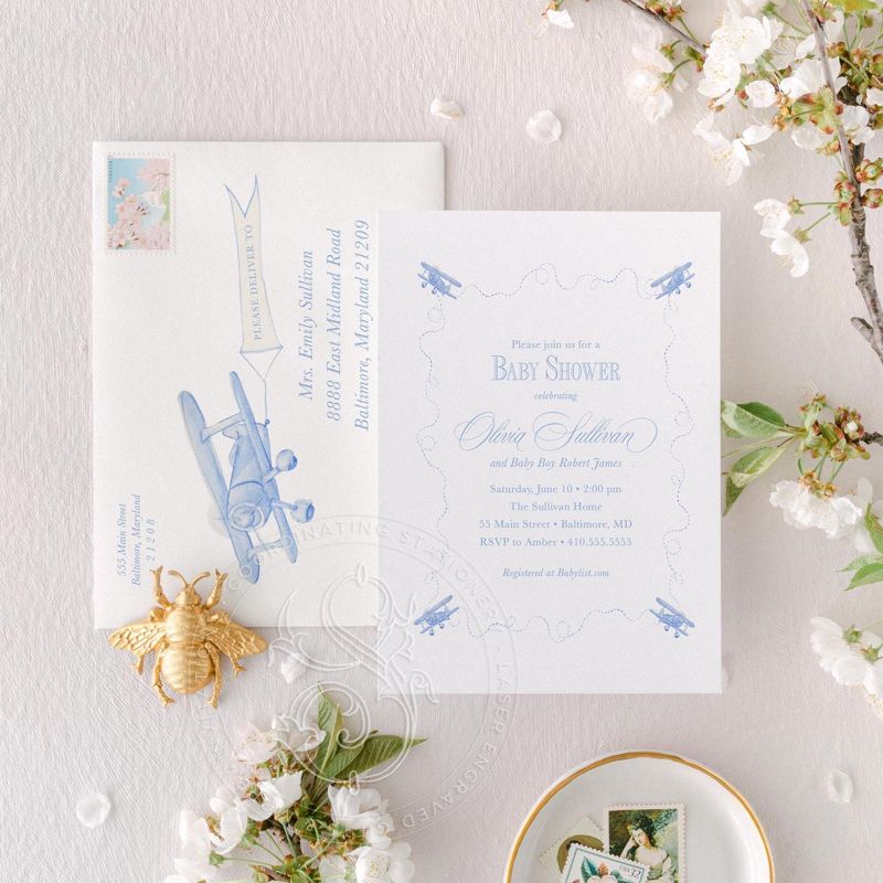 Airplane Baby Boy Shower Invitation Pilot Transportation Baby Sprinkle Traditional Classic Vintage Boy Birthday Party (10 printed invitations | Plain White Envelopes)