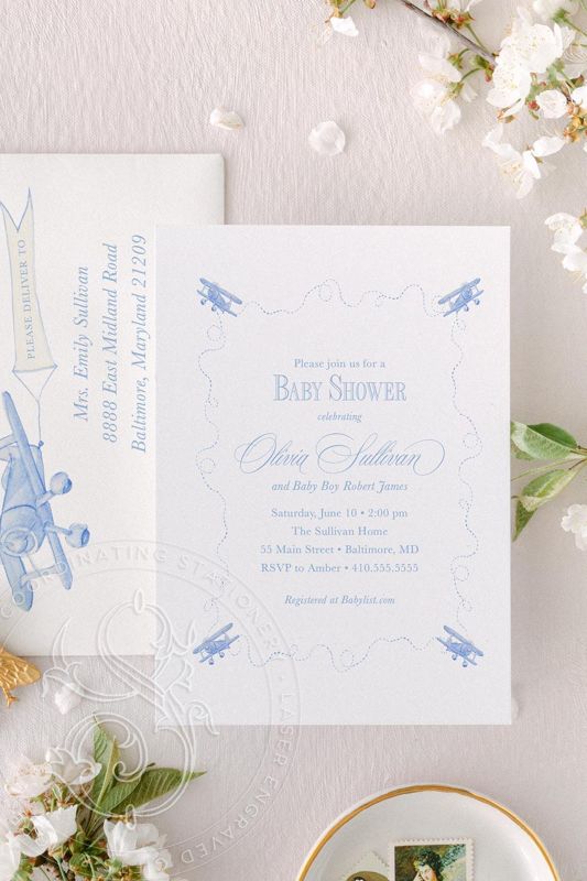 Airplane Baby Boy Shower Invitation Pilot Transportation Baby Sprinkle Traditional Classic Vintage Boy Birthday Party (10 printed invitations | Plain White Envelopes)