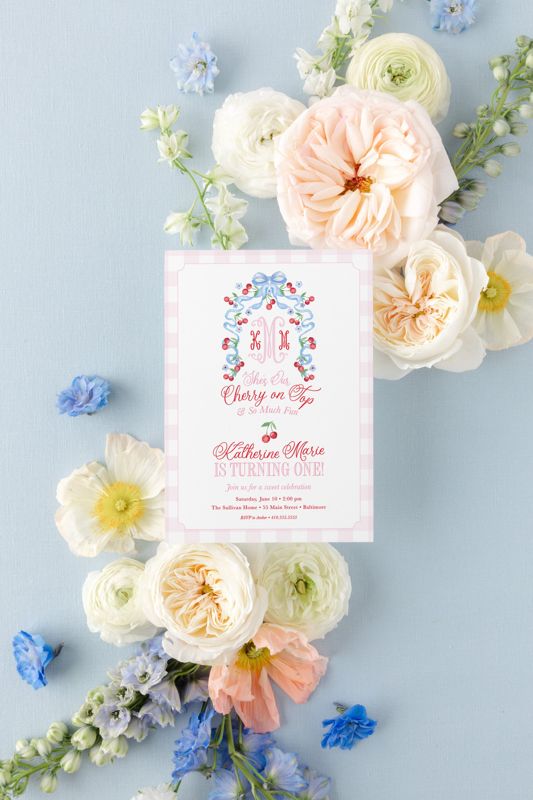 Cherry First Birthday Invitation for Girl - Preppy Monogram Invitations - Cherries Watercolor Bow - Girl Birthday Party - Cherry on Top (10 printed invitations | Plain White Envelopes)