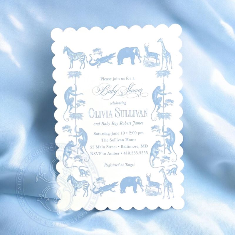 Safari Toile Baby Boy Shower Invitation Scalloped Edge Boy Baby Sprinkle Traditional - Elephant Monkey Giraffe Zebra Alligator (10 printed invitations | Plain White Envelopes)