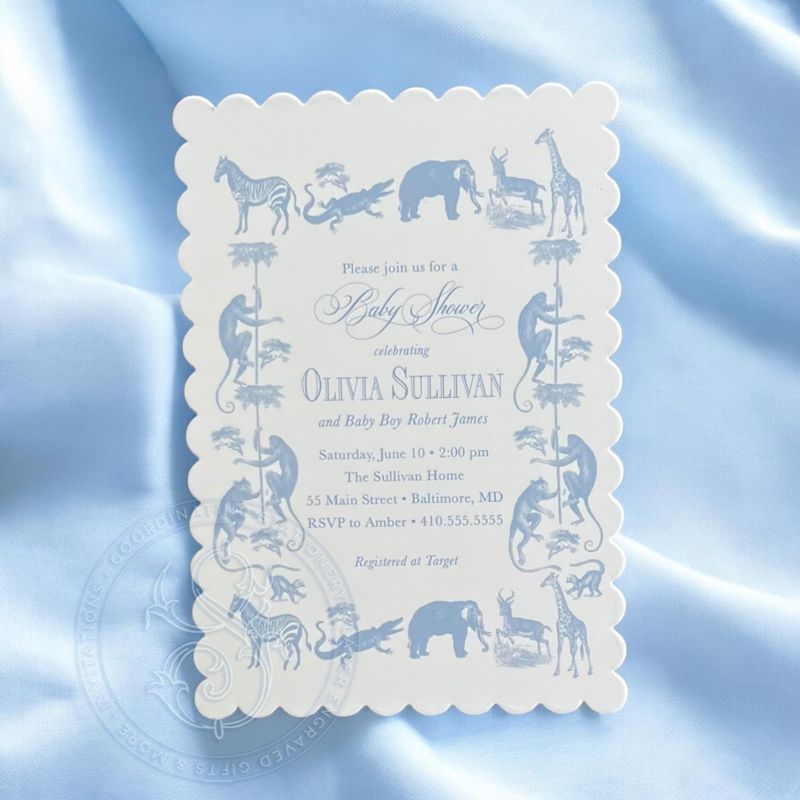 Safari Toile Baby Boy Shower Invitation Scalloped Edge Boy Baby Sprinkle Traditional - Elephant Monkey Giraffe Zebra Alligator (10 printed invitations | Plain White Envelopes)