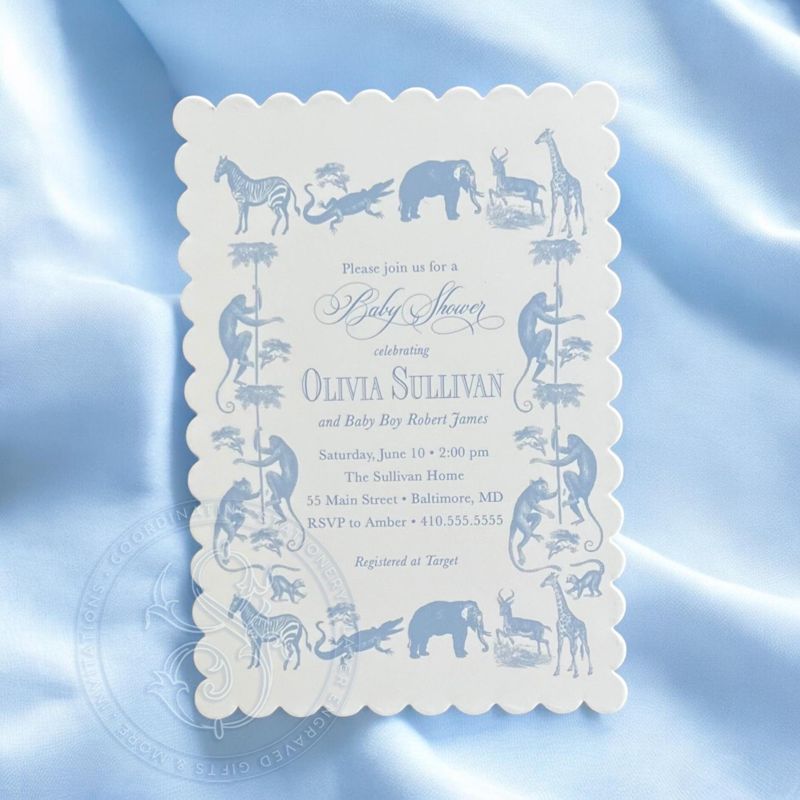 Safari Toile Baby Boy Shower Invitation Scalloped Edge Boy Baby Sprinkle Traditional - Elephant Monkey Giraffe Zebra Alligator (10 printed invitations | Plain White Envelopes)