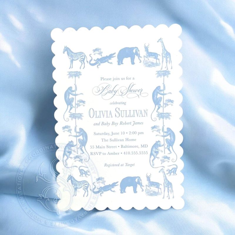 Safari Toile Baby Boy Shower Invitation Scalloped Edge Boy Baby Sprinkle Traditional - Elephant Monkey Giraffe Zebra Alligator (10 printed invitations | Plain White Envelopes)