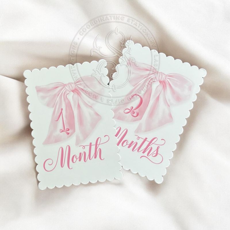 Girl Milestone Cards printed scalloped edge Baby Gift New Mom Gift Ideas Baby Shower Baby Monthly Cards Memories Baby Girl fancy Pink bow (Pink | Scalloped Edge)