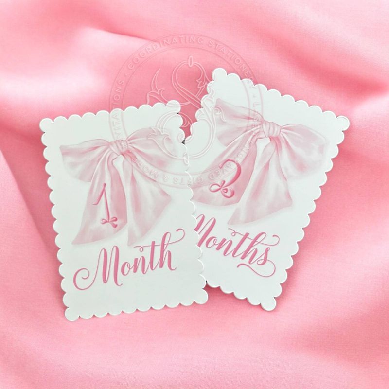 Girl Milestone Cards printed scalloped edge Baby Gift New Mom Gift Ideas Baby Shower Baby Monthly Cards Memories Baby Girl fancy Pink bow (Pink | Scalloped Edge)