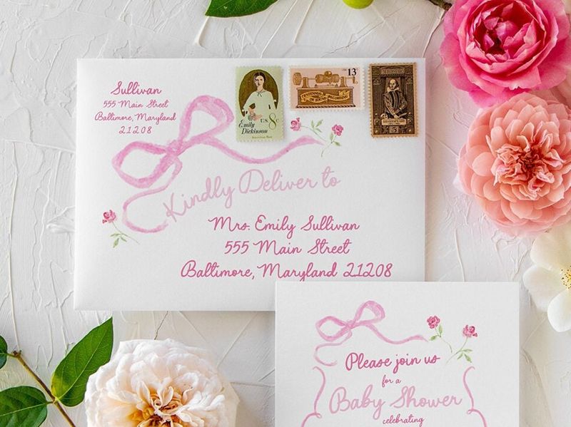 Hand Drawn Bow Girl Baby Shower Invitation Scallop Edge Pink Bow Baby Girl Sprinkle Baby Sip and See, 1st Birthday Girl Coquette Bow Printed (10 printed invitations, Plain White Envelopes)