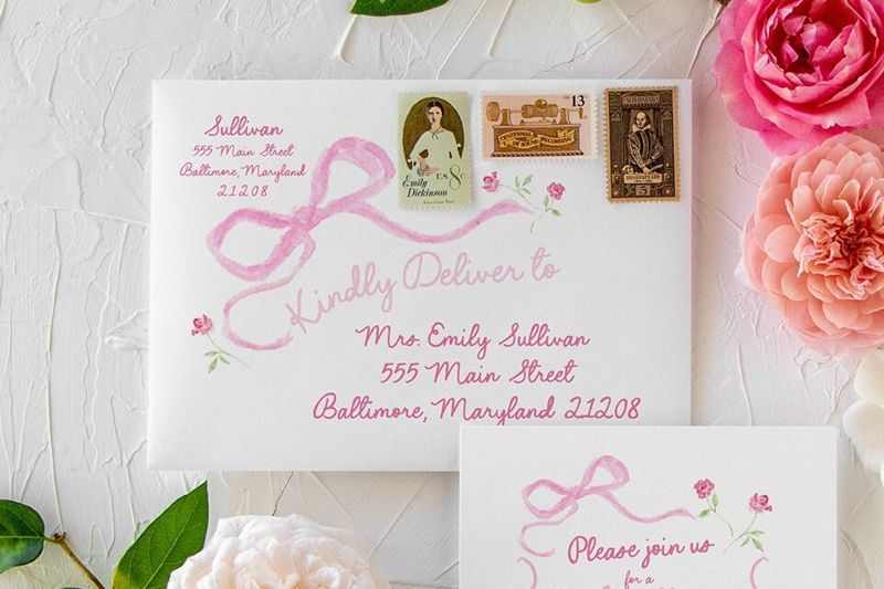 Hand Drawn Bow Girl Baby Shower Invitation Scallop Edge Pink Bow Baby Girl Sprinkle Baby Sip and See, 1st Birthday Girl Coquette Bow Printed (10 printed invitations, Plain White Envelopes)