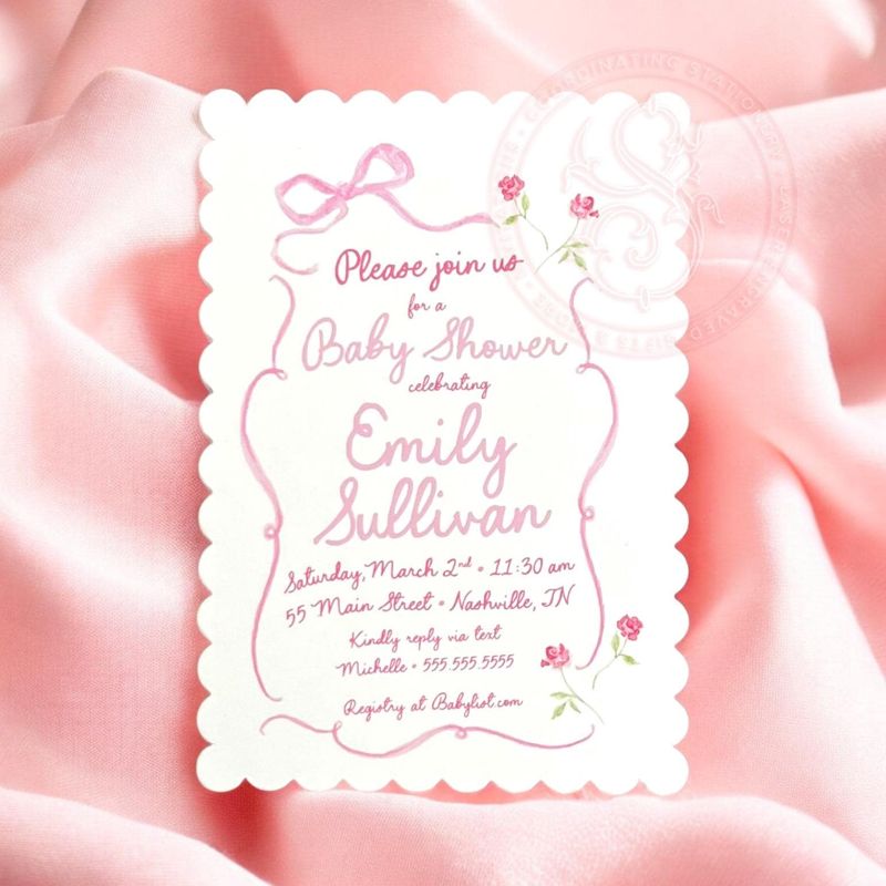 Hand Drawn Bow Girl Baby Shower Invitation Scallop Edge Pink Bow Baby Girl Sprinkle Baby Sip and See, 1st Birthday Girl Coquette Bow Printed (10 printed invitations, Plain White Envelopes)