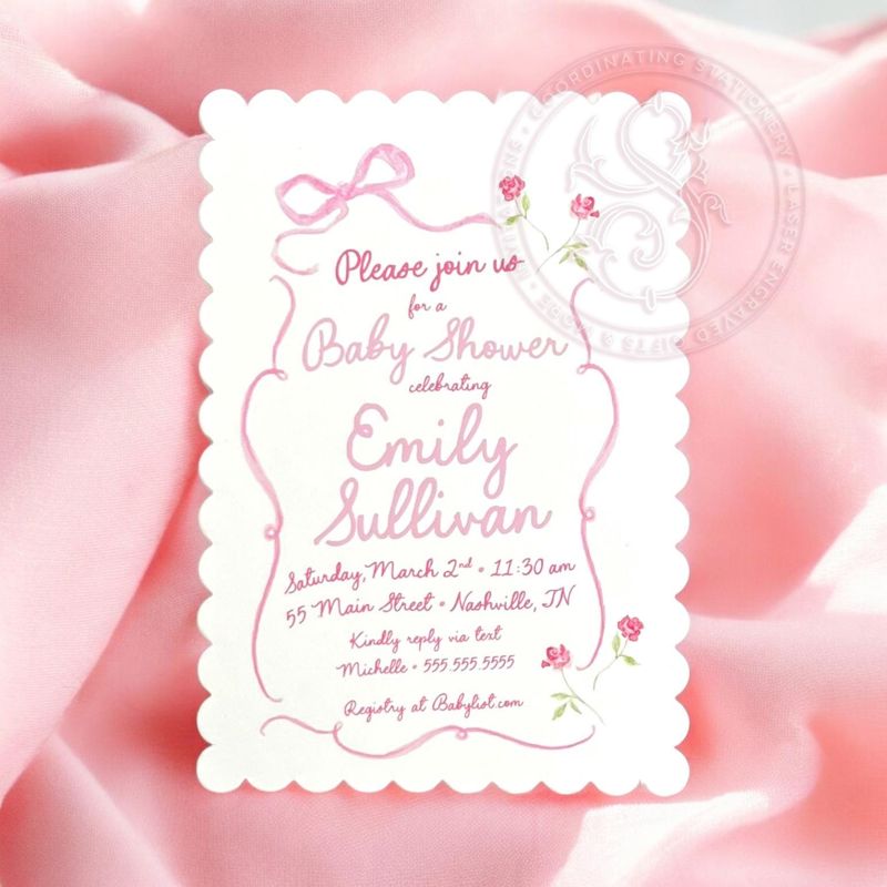 Hand Drawn Bow Girl Baby Shower Invitation Scallop Edge Pink Bow Baby Girl Sprinkle Baby Sip and See, 1st Birthday Girl Coquette Bow Printed (10 printed invitations, Plain White Envelopes)