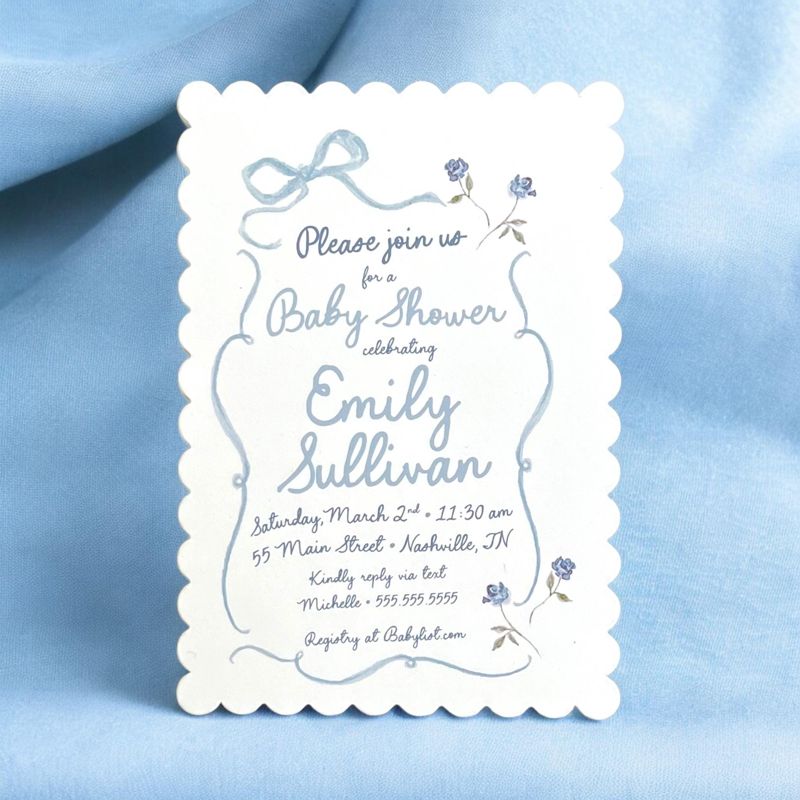 Hand Drawn Boy Baby Shower Invitations Scallop Edge - Blue Bow Baby Boy Sprinkle - Baby Sip and See - Coquette Bow Printed (10 printed invitations | Plain White Envelopes)